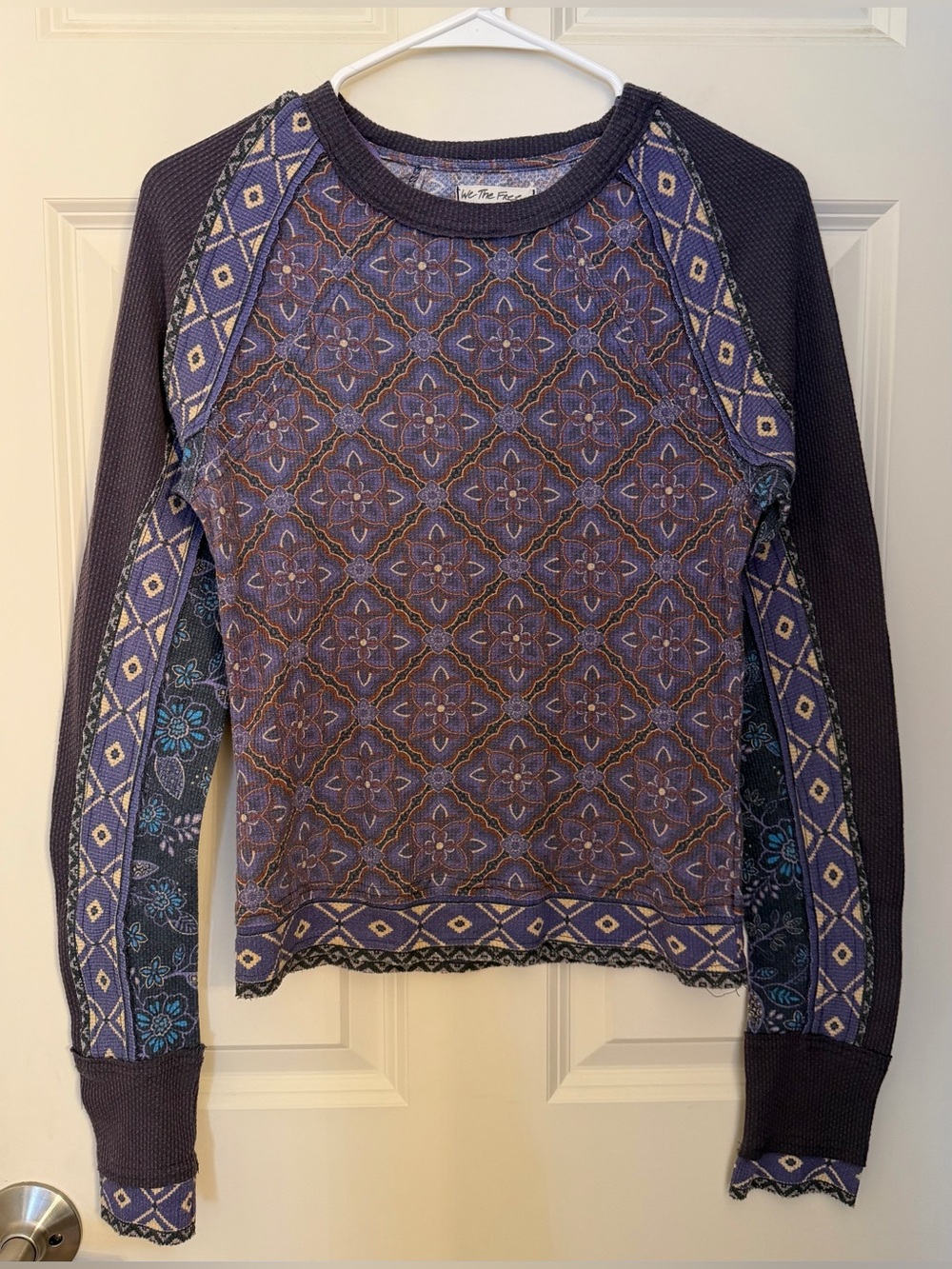 We The Free Boho Patterned Lightweight Waffle Long Sleeve, Purple, Medium